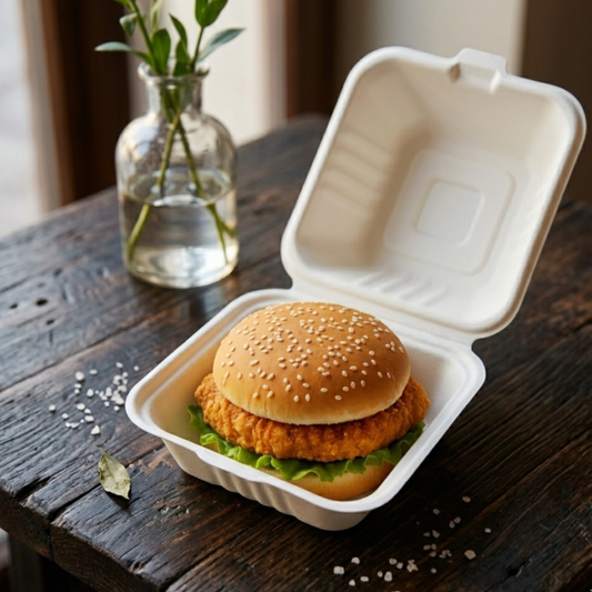 6"x6" Bagasse Burger Box (4x50) - PFAS FREE