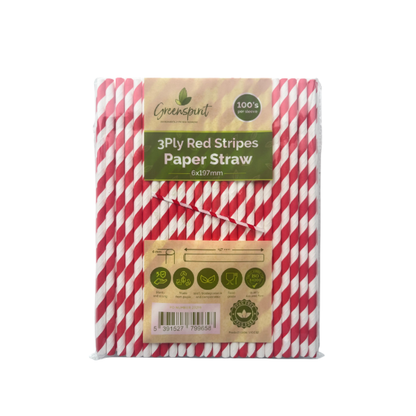 6x197mm, 3ply, Greenspirit Paper Straws Red Stripes (50x100)