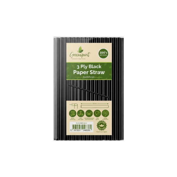 6x197mm, 3ply, Greenspirit Paper Straws Black (50x100)