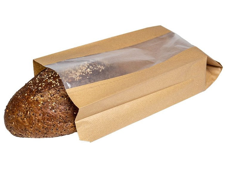 LARGE BROWN KRAFT BREAD BAG WITH GLASSINE WINDOW 16"x6"x10"