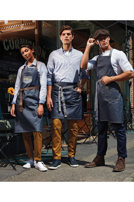 Division waxed-look denim bib apron with faux leather