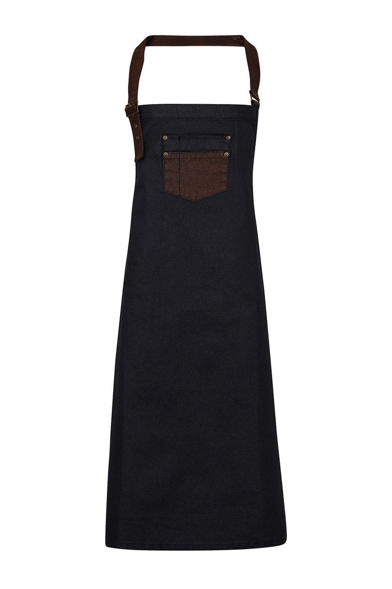Division waxed-look denim bib apron with faux leather